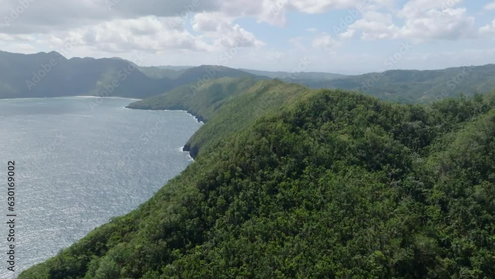 Aerial forward view of Loma Papa Gorda lush promontory and bay, Samana, Dominican Republic Aerial forward view of Loma Papa Gorda lush promontory and bay, Samana, Dominican Republic