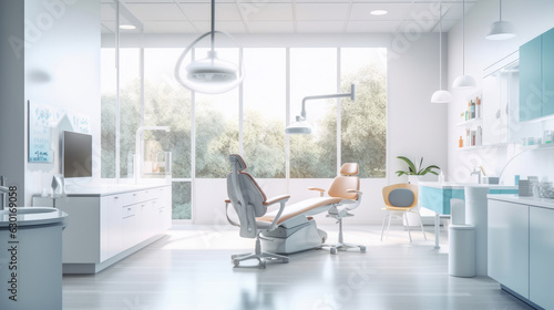 A modern dental practice interior  featuring an ergonomic dental chair and state-of-the-art technology
