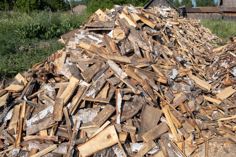 A large pile of different sawn firewood for the stove. Preparing firewood for the winter. Firewood background. A large pile of different sawn firewood for the stove. Preparing firewood for the winter. Firewood background.