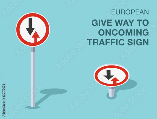 Traffic regulation rules. Isolated european give way to oncoming traffic sign. Front and top view. Flat vector illustration template.