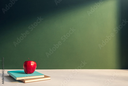 Apple and books on the background of dark green wall or chalkboard for education concept