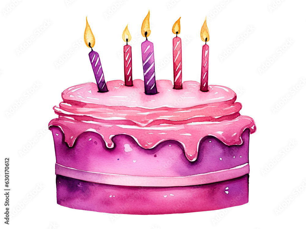 Watercolor illustation of birthday cake with candles isolated on ...