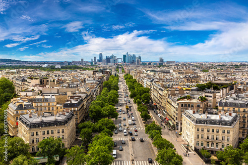 Panoramic aerial view of Paris from Arc de Triomphe in a sunny day, France photo