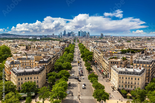 Panoramic aerial view of Paris from Arc de Triomphe in a sunny day  France