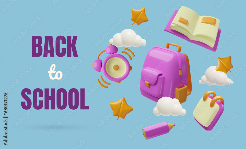 Fototapeta premium 3d Back to School banner background design modern toy plastic three dimensional vector objects set