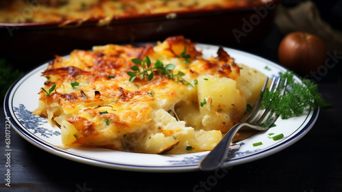 A freshly baked plate of potatoes au gratin on a kitchen table or kitchen island.