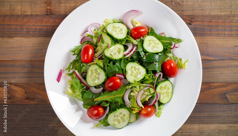 Salad with greens, cherry tomatoes, red onions and cucumber on white plate with wood background, overhead view Salad with greens, cherry tomatoes, red onions and cucumber on white plate with wood background, overhead view