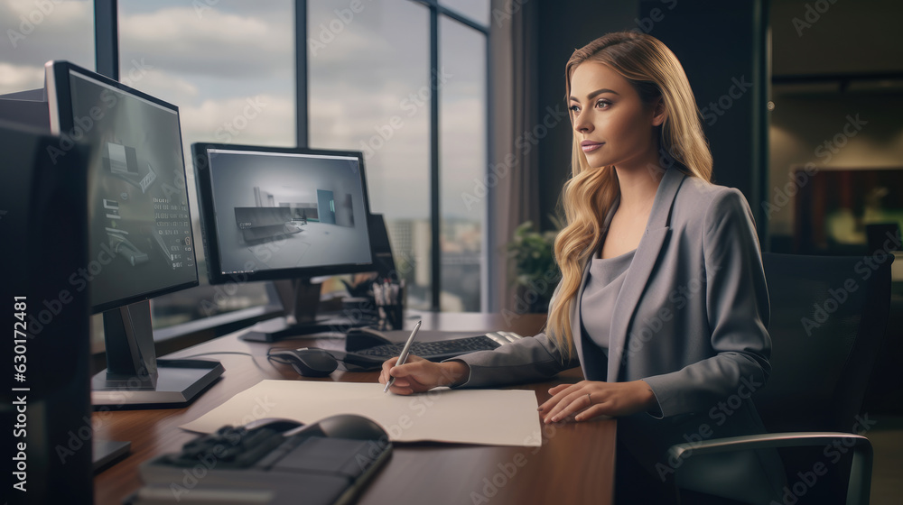 The elegance of a beautiful secretary working diligently at her desk in a modern office The elegance of a beautiful secretary working diligently at her desk in a modern office