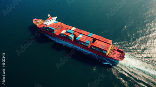 Aerial top view of cargo ship carrying container. Generative ai. © Golden House Images