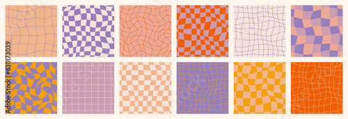 Groovy Retro Checkerboard Seamless Patterns Set. Psychedelic Abstract Grid Background in 1970s Style. Y2K Wavy Texture