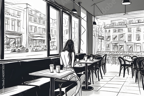 Draw a woman sitting alone in a cafe and people watching. Gererative AI photo