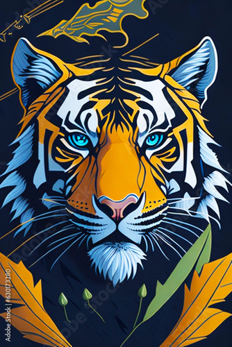 A detailed illustration of a tiger with leaf  paint splash  and graffiti background for a t-shirt design and fashion