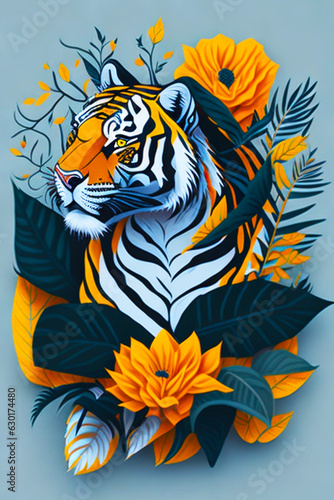 A detailed illustration of a tiger with leaf, paint splash, and graffiti background for a t-shirt design and fashion