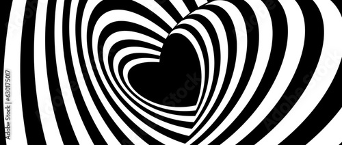 Hypnotic tunnel heart background. Black and white optical illusion pattern. Rotating Heart-shaped op art design for poster, banner, template. Vector abstract horizontal illustration wallpaper