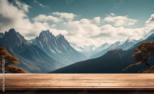 Wooden table top with nature background. Generative AI