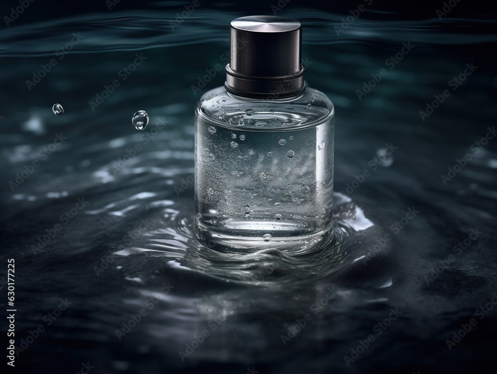 Cosmetic bottles and splashing water,created with generative ai tecnology. Cosmetic bottles and splashing water,created with generative ai tecnology.