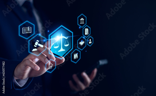 Fototapeta Naklejka Na Ścianę i Meble -  Legal advice for digital technologies, business, finance, intellectual property. Legal advisor, corporate lawyer, attorney service. Laws and regulations. paperwork expert consulting Related Crime Act.