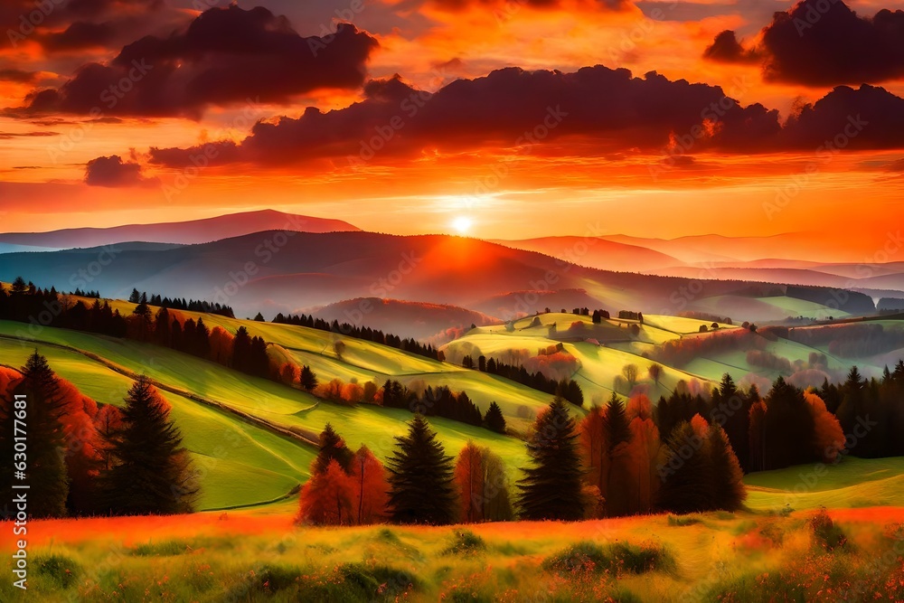 Obraz premium The Carpathian landscape is a tapestry of nature's finest work, with rolling green fields and majestic trees adorning the hills generative ai technology