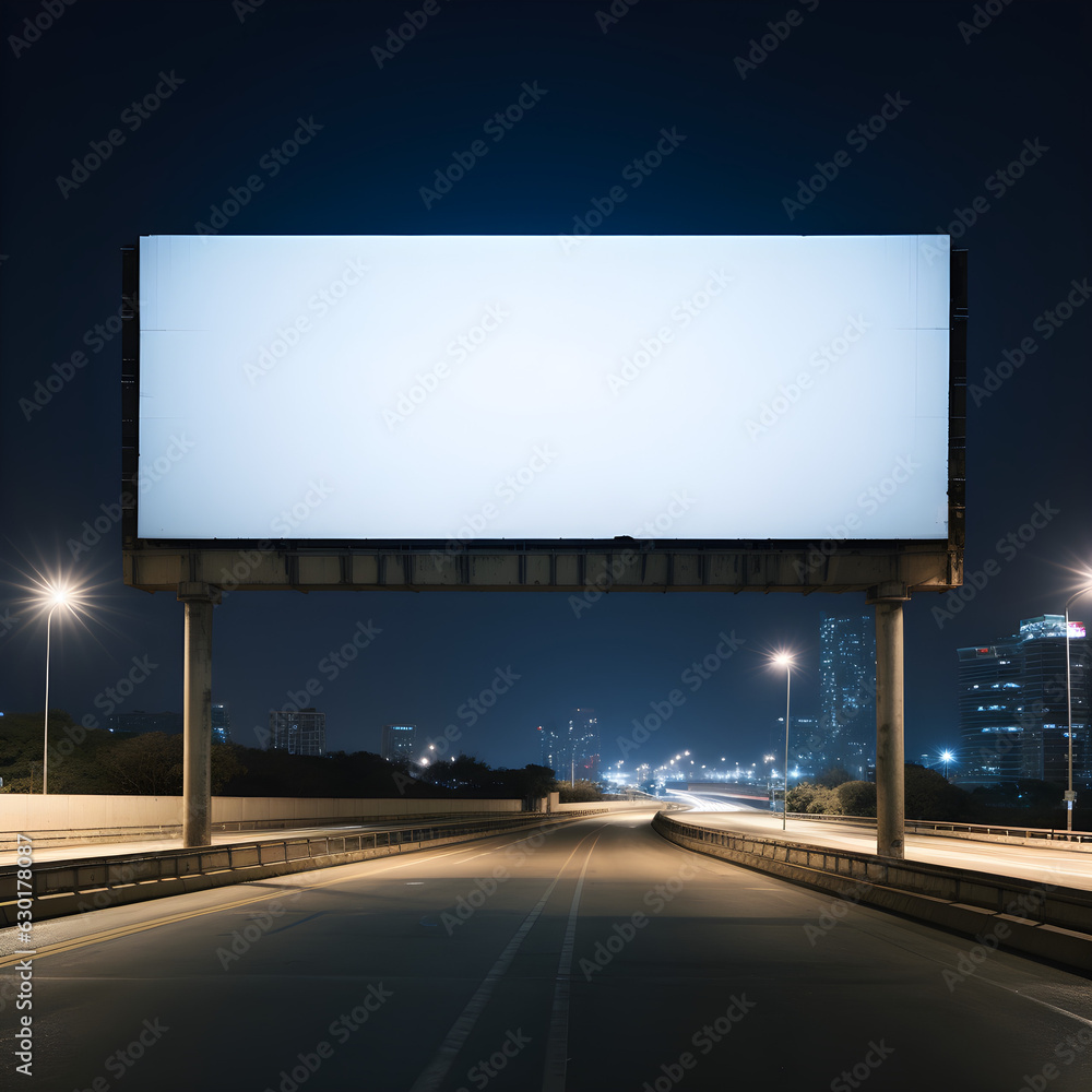 billboard above a busy road at night, blank, generative illustration 