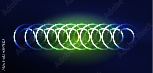 Neon laser lines, circles waves abstract background. Neon light or laser show, electric impulse, power lines, techno quantum energy impulse, magic glowing dynamic lines