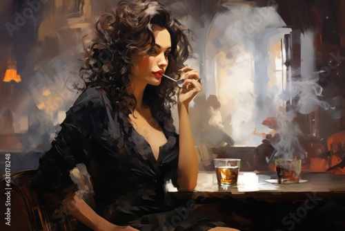 Painting style of a sexy elegant woman dressed in black in a cafe smoking a cigarette. Businesswomen, women power.