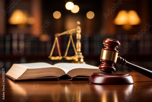 Wooden judge’s gavel and book on a table. Law books and gavel