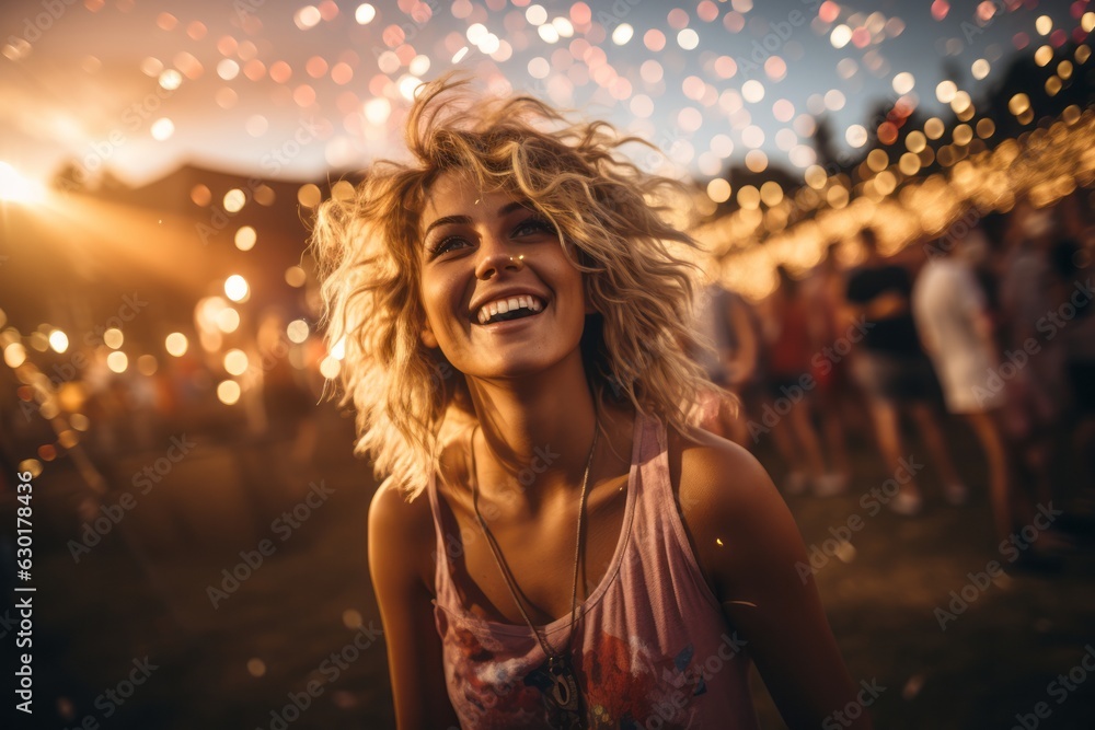 Portrait of an happy young blonde woman having fun on a music festival. Party concept, summer festival Portrait of an happy young blonde woman having fun on a music festival. Party concept, summer festival