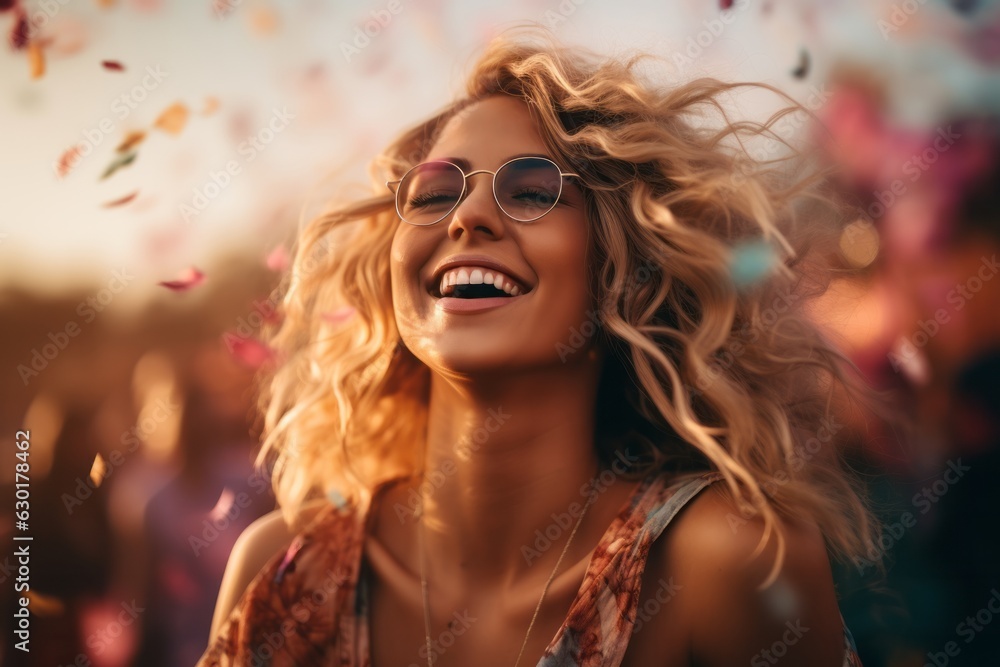 Portrait of an happy young blonde woman having fun on a music festival. Party concept, summer festival Portrait of an happy young blonde woman having fun on a music festival. Party concept, summer festival