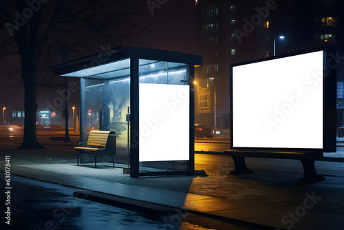 bus stop with two blank signage posters, illustrative graphic resource, night time