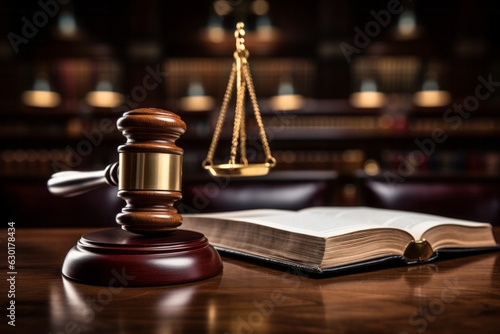 Wooden judge’s gavel and book on a table. Law books and gavel