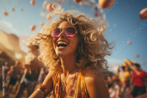 Portrait of an happy young blonde woman having fun on a music festival. Party concept, summer festival