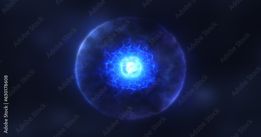 Abstract sphere atom with electrons flying glowing bright particles and energy magic field, science futuristic hi-tech background