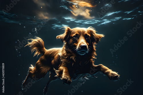 Draw a dogs swimming leisurely in the dark, very deep sea, generative ai