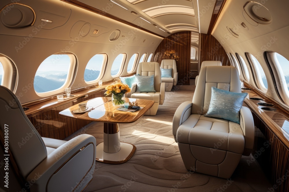 Fototapeta premium Luxury interior of a private jet, business trip, luxury life concept. Business jet interior