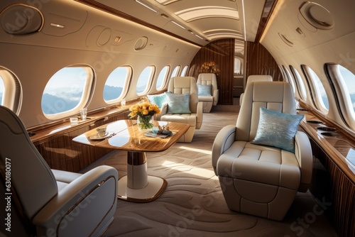 Luxury interior of a private jet, business trip, luxury life concept. Business jet interior