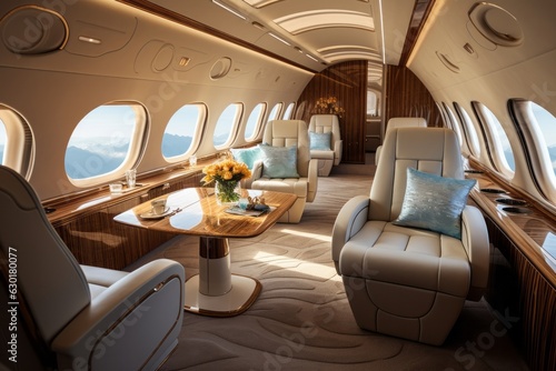 Luxury interior of a private jet, business trip, luxury life concept. Business jet interior © Luisa