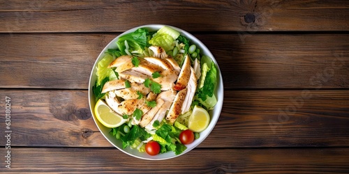 Close up of fresh and healthy delicious chicken salad with green vegetables on wooden table. Top view. Copy space