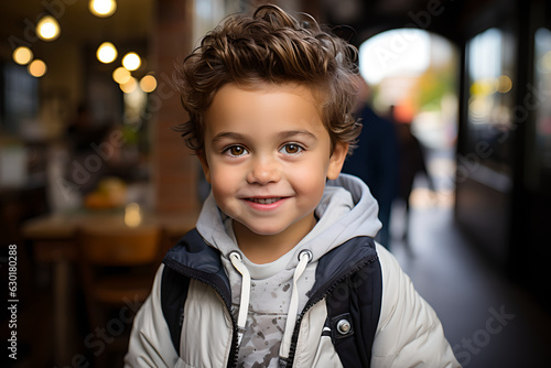 Portrait of happy little boy looking at camera and smiling at outdoor street