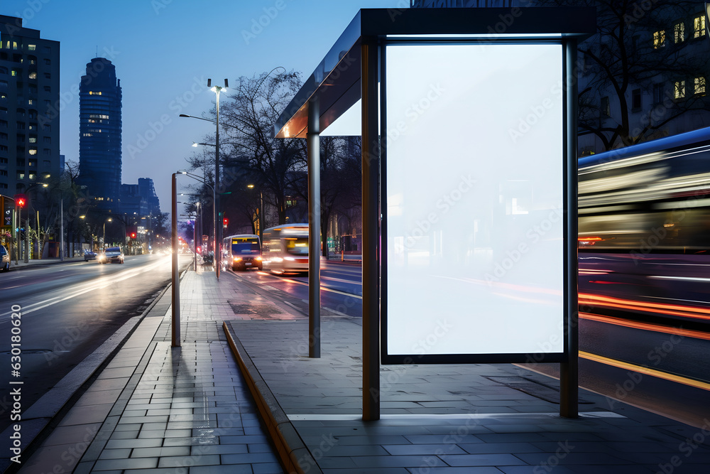 Blank white vertical digital billboard poster on city street bus stop sign at nigh. Street advertising bus stop mockup - obrazy, fototapety, plakaty 