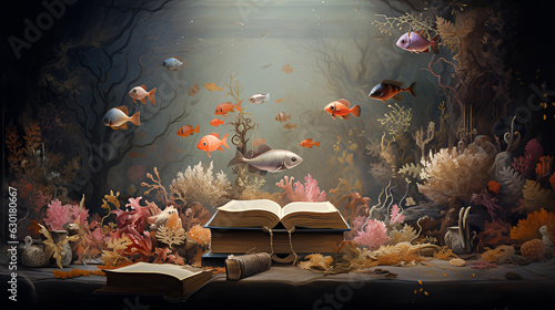 Books sinking in the water and fish drifting | Generative AI