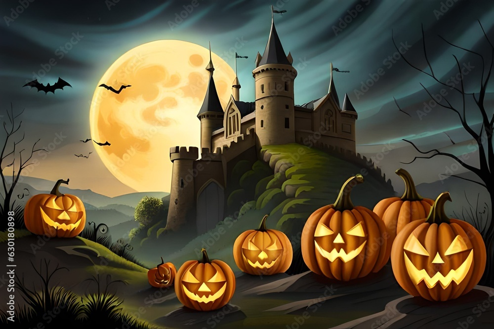 Halloween landscape in moon night illustration with haunted house, bats and glowing eyes pumpkins made with Generative AI