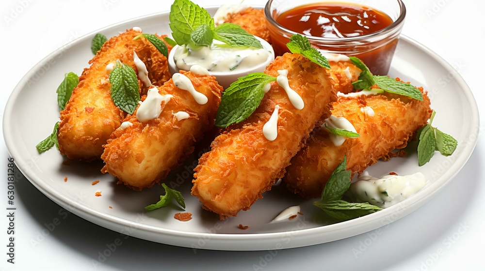 Delicious cheese sticks with sauces on a plate. Street food, beer snacks. AI generated Delicious cheese sticks with sauces on a plate. Street food, beer snacks. AI generated