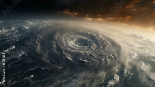 View from space from above on a hurricane tornado swirl of clouds and wind, a storm front of bad weather and natural disaster. AI generated