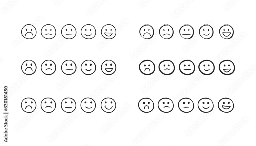Set of rating emotion faces. simple doodle hand drawn style. Sad or happy.