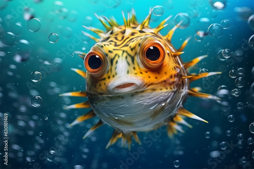Pufferfish in the aquarium. Underwater world. 3d rendering