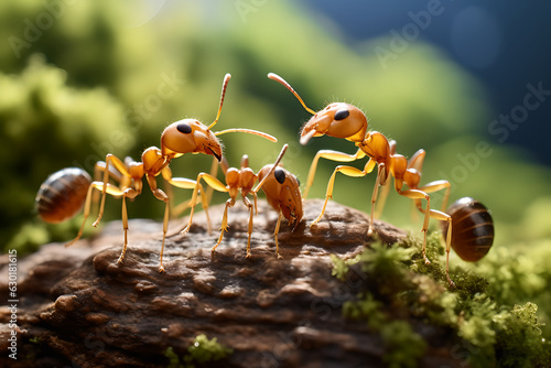 Close up group of ants standing on top of a rock on the forest © AspctStyle