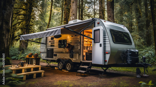 Travel Trailer camping in the woods at a campground