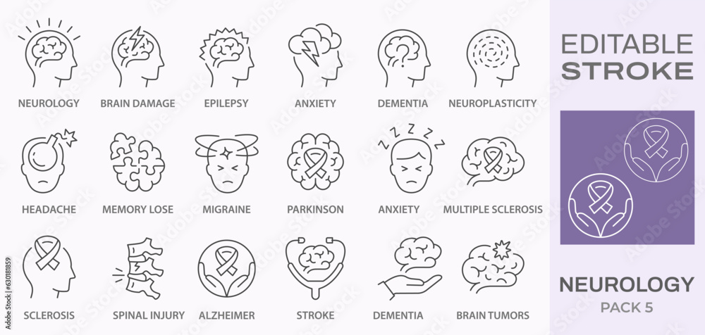 Neurology icons, such as stress, dementia, multiple sclerosis, epilepsy and more. Editable stroke. - obrazy, fototapety, plakaty 