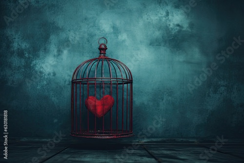 Surrealistic photograph of a caged heart, capturing feelings of isolation and restriction. Generative AI photo