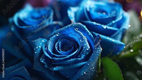 Blue roses with water droplets